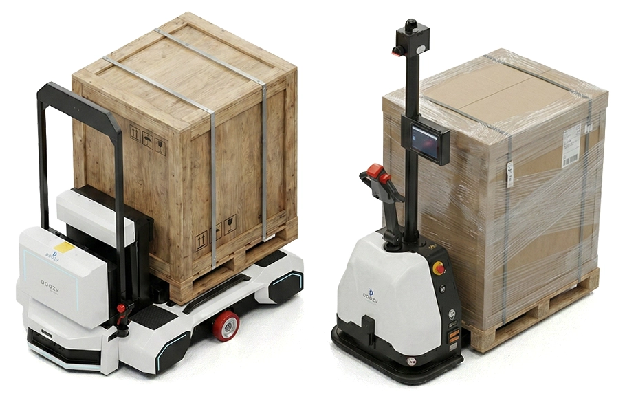 Doozy DFR autonomous forklift navigating warehouse aisle with pallets