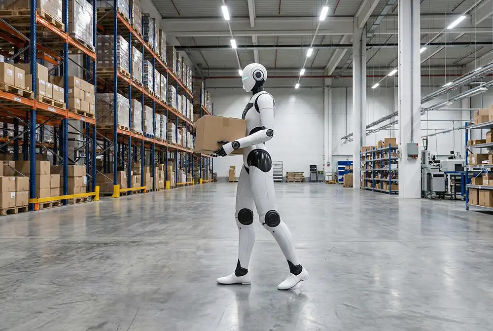 Humanoid robot carrying box in warehouse environment