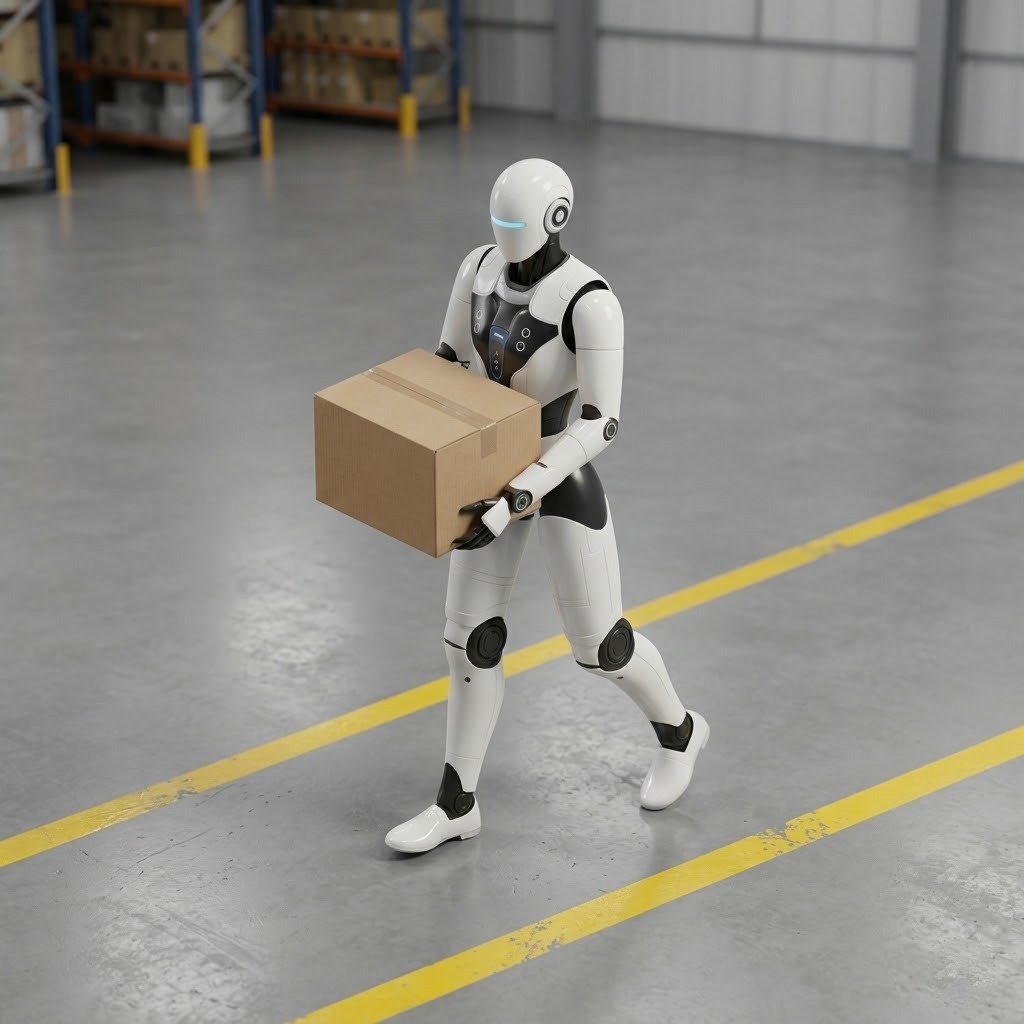 DOOZY Humanoid Robot running task allocations in warehouse grid environment